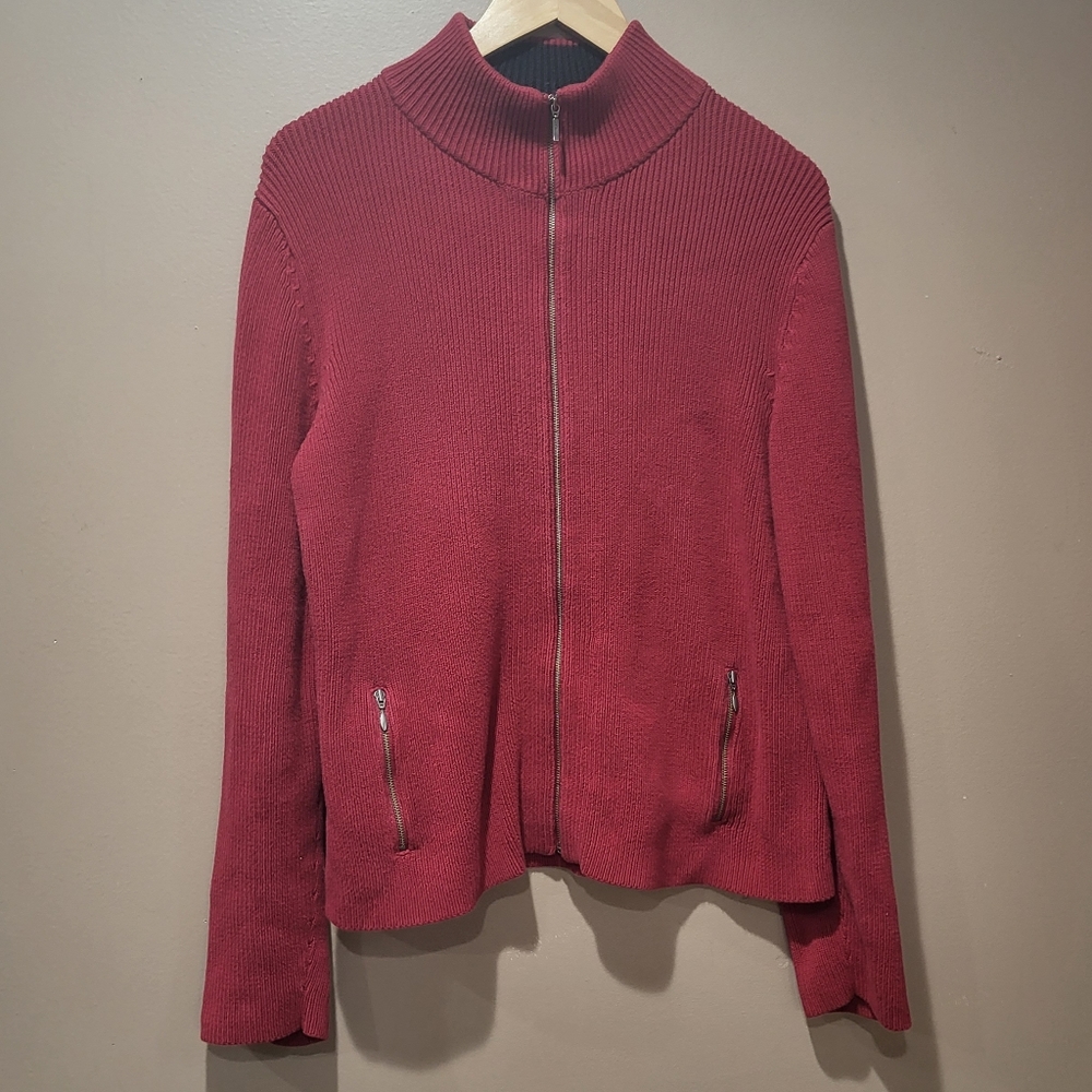 Eddie Bauer Men's Red Ribbed Knit Zip-up Sweater Jacket sz L